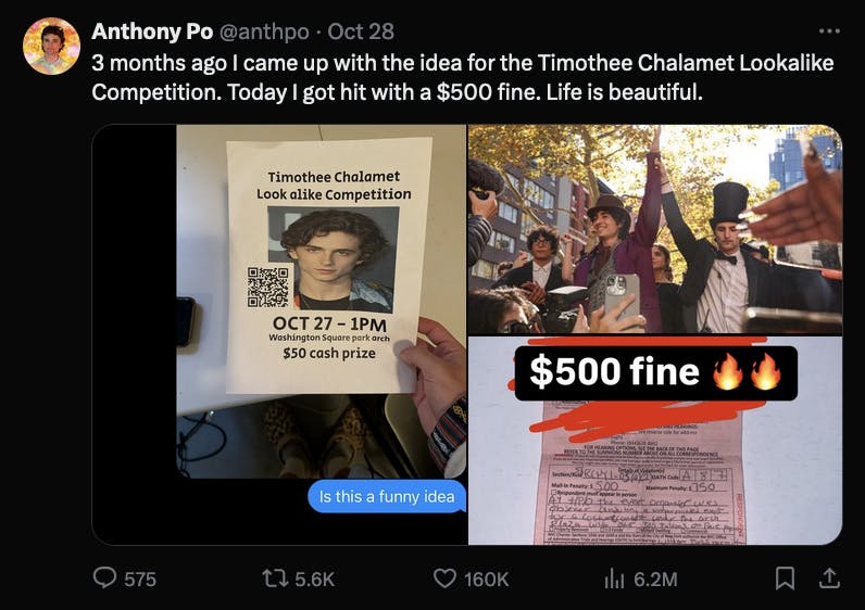 An X post by Anthony Po showing two photos: one of his initial flyer for the Timothee Chalamet Look-Alike contest, and another with his $500 fine slip