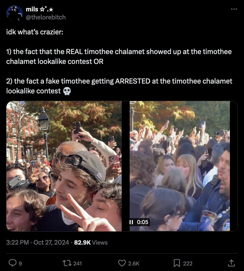 A tweet with two comparison photos asking which is crazier: the arrest of a Timothee look-alike or him actually being there