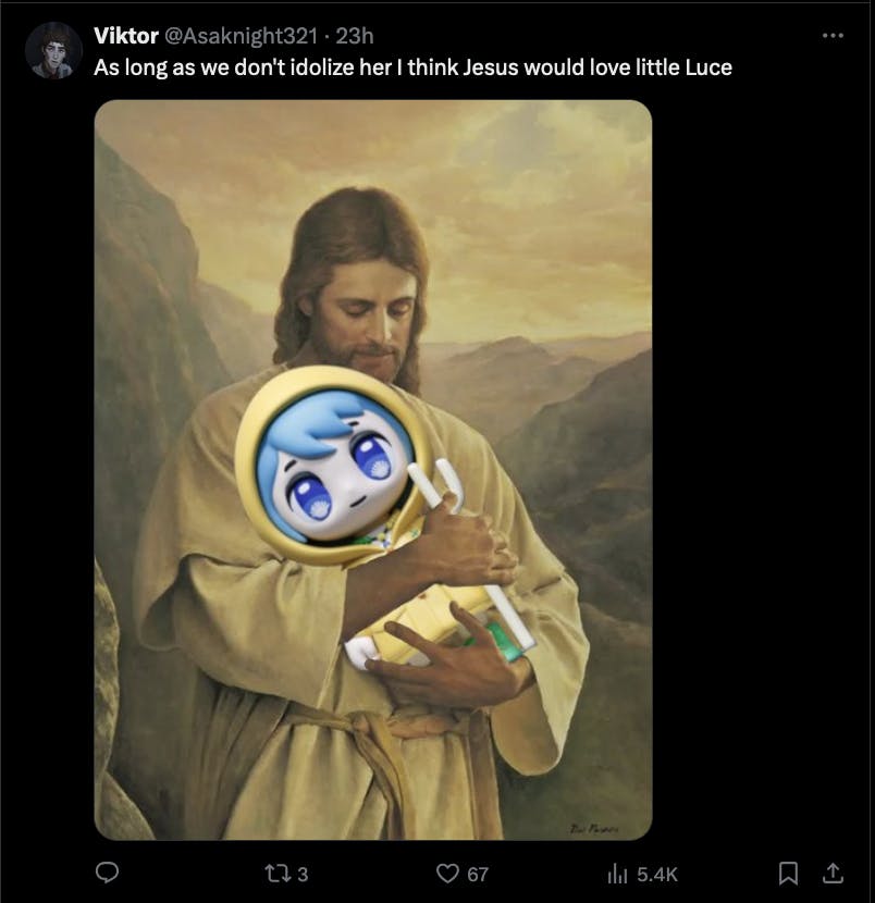 A tweet response with a painting of Jesus holding Luce. The caption reads 'As long as we don't idolize her I think Jesus would love little Luce'