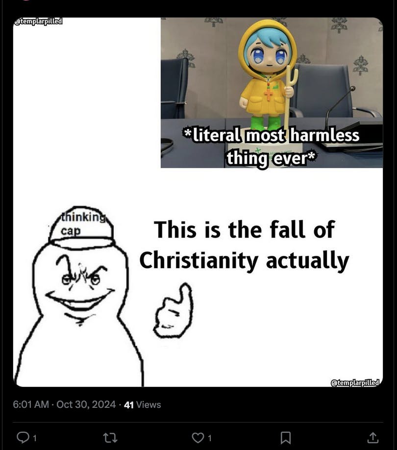 A tweet with a photo of Luce in the corner, captioned 'This is the most harmless thing ever,' and in the lower 3/4 an ominous drawin that says 'this is the fal of Christianity, actually'