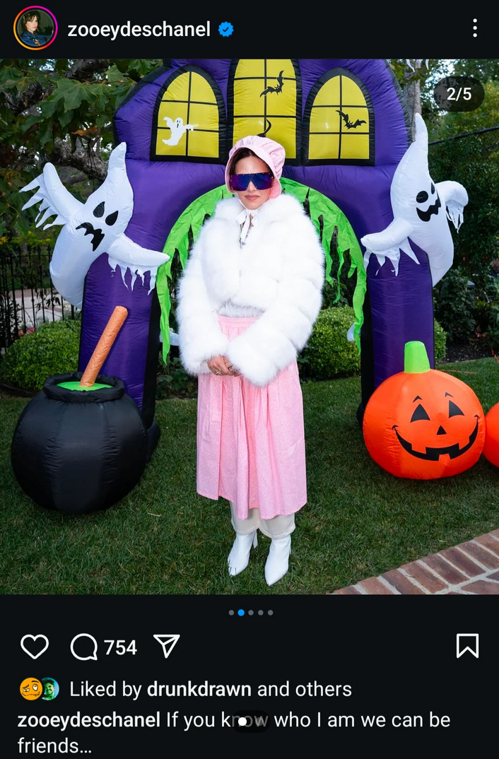 A Photo of Zooey Deschanel dressed up in her front yard as reality Star Angie K