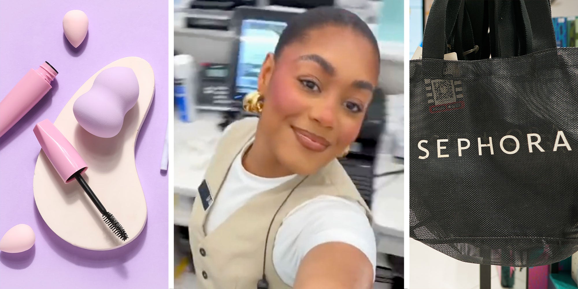 3 Panel image. Panel one is showcasing purple themed makeup items shot over head, panel twi features woman from TikTok story, she is dressed for work at Sephora. The third panel is a shot of a Sephora shopping bag.