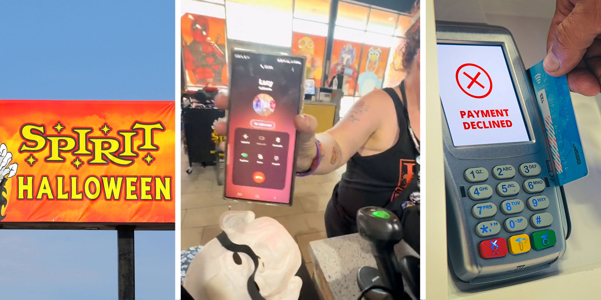 Three panel image with a sign for the Spirit Halloween shore, the 2nd panel shows a woman holding up a phone to a customer, the final image is of a card declining in a machine .