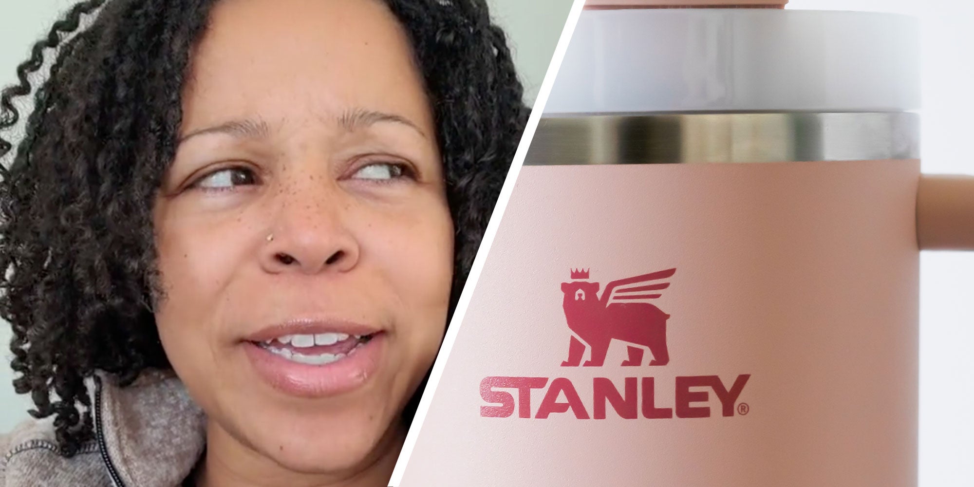 Two panel design with a woman with curly black hair, she is looking to the side and has an expression of 'are you serious'. The 2nd panel shows a close up of a Stanley Cup