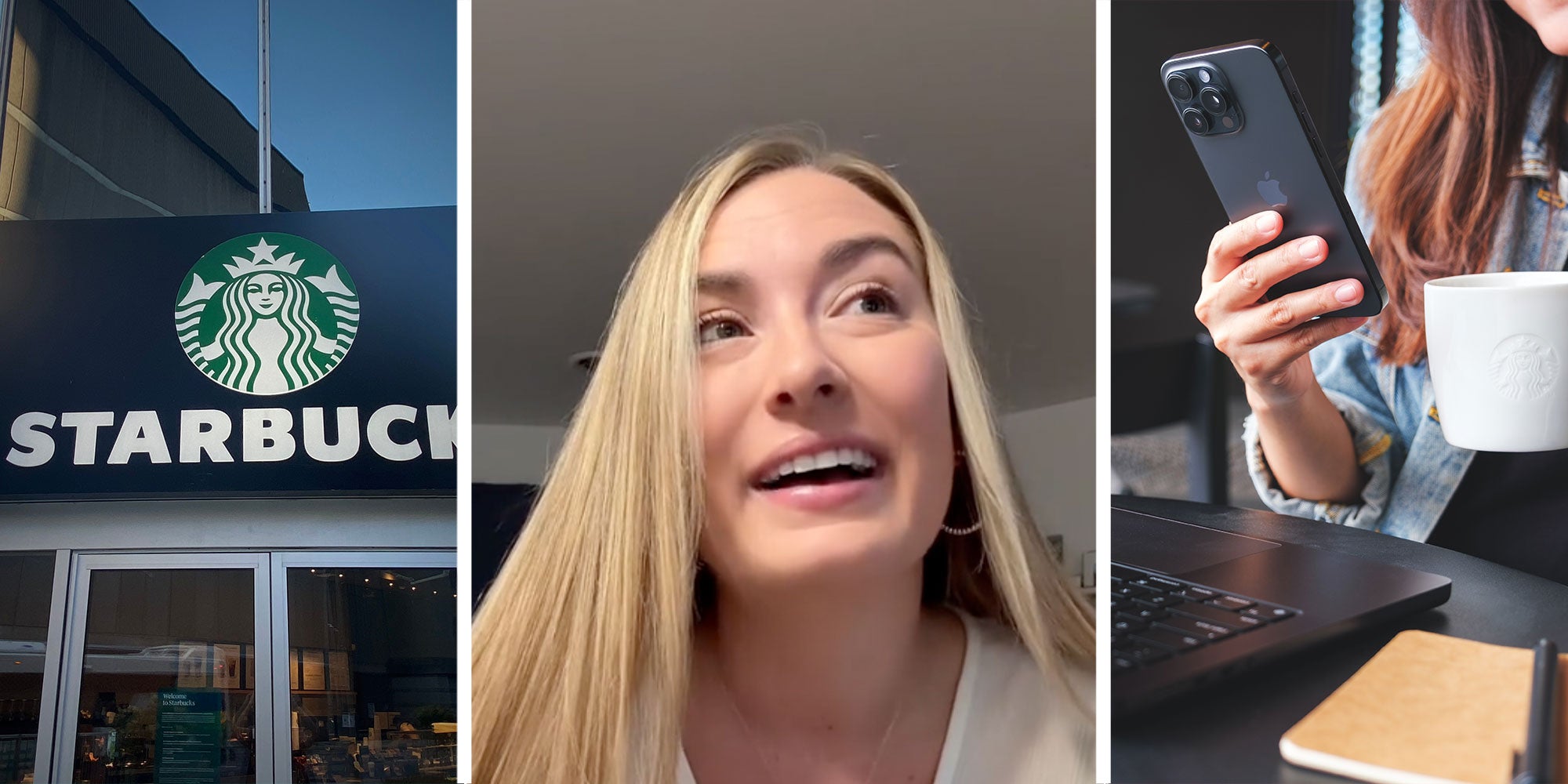 three panel design with one showing the outside of a Starbucks, the middle is a person talking at the camera, she appears inside of her apartment, the final panel is of a woman looking at her phone while at a computer workspace.