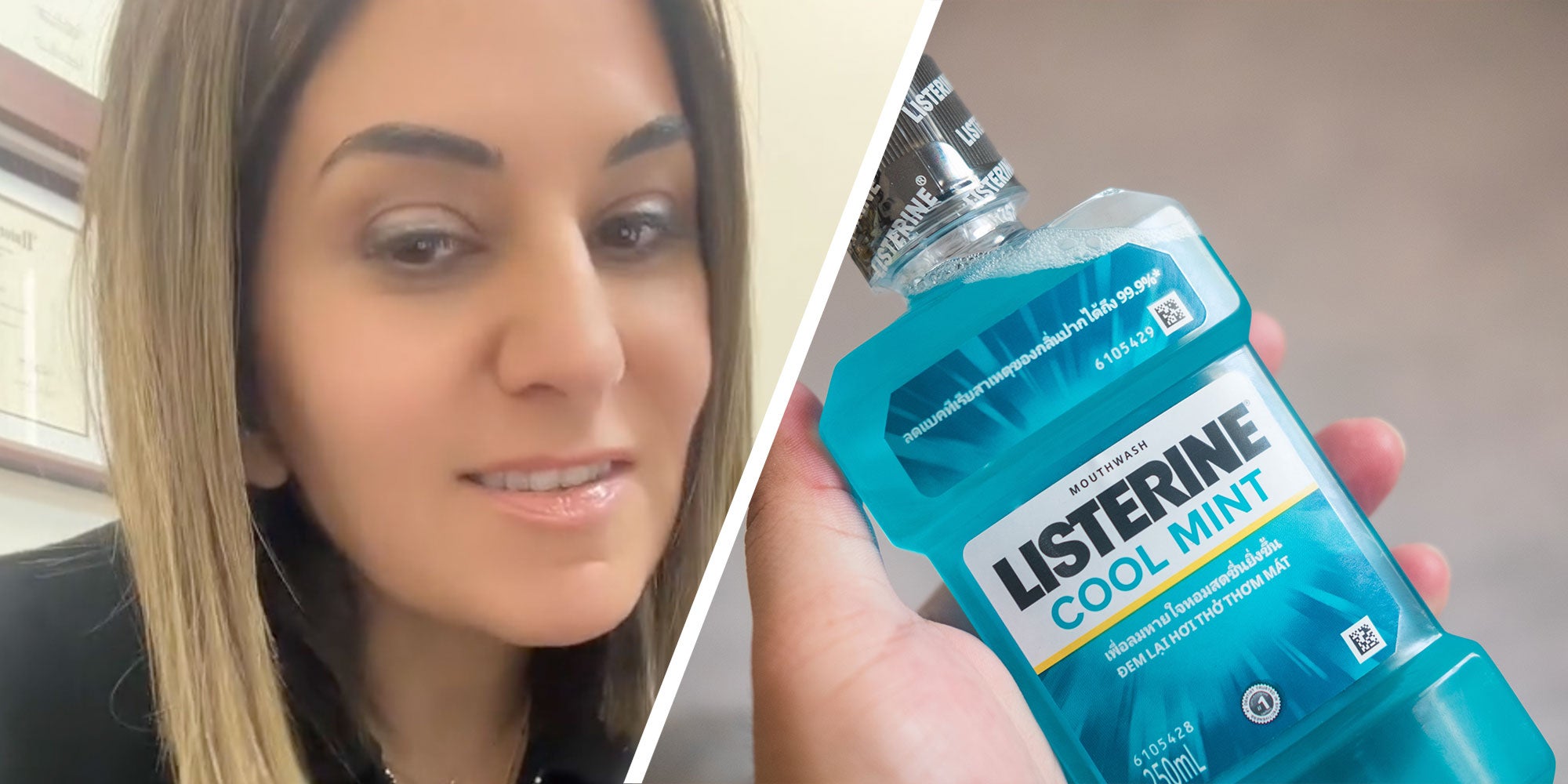 Two panel Design with panel one showing a woman talking at the camera and panel two is someone holding up a bottle of Listerine Mint mouth wash