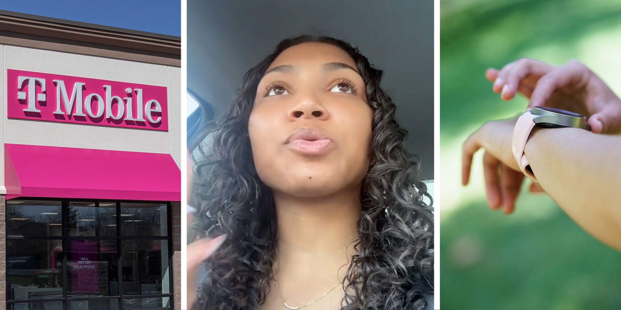 Three panel design with panel one a T.Mobil store, panel two is a woman who is talking in her car, and panel three is a person looking at their smart watch