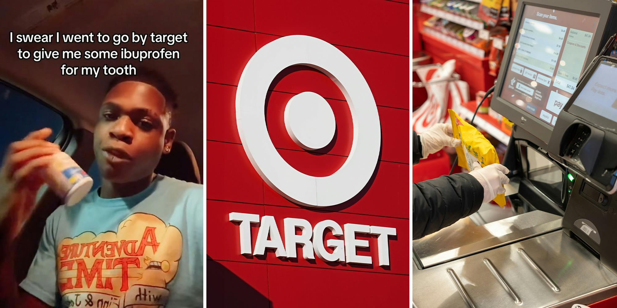 Man holding up pill container inside of car(l) Target Store Sign(c) Target Self Check out Station(r)