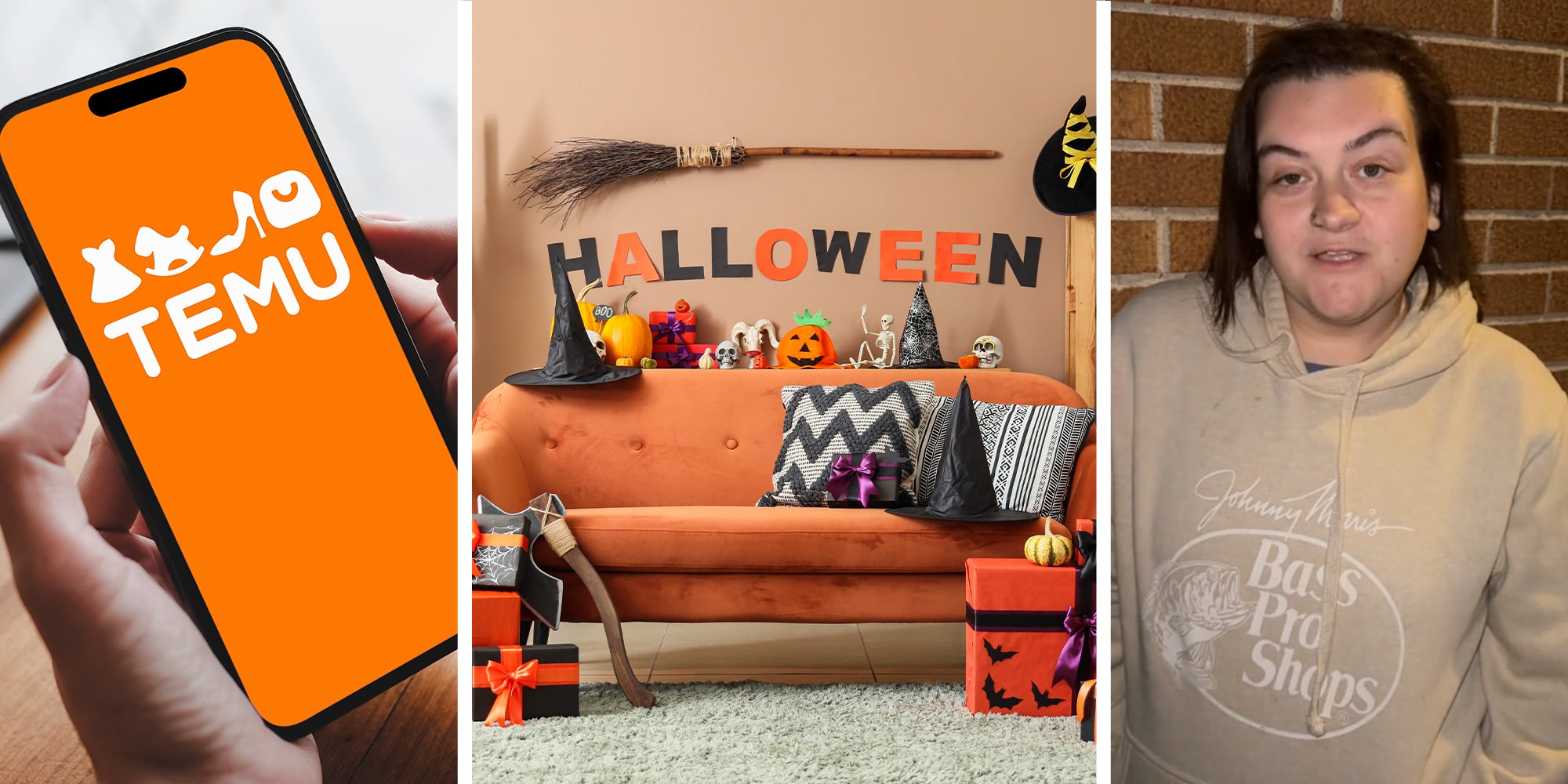 Temu Phone(l) Halloween decor(c) Person sharing what they purchased from Temu on TikTok(r)