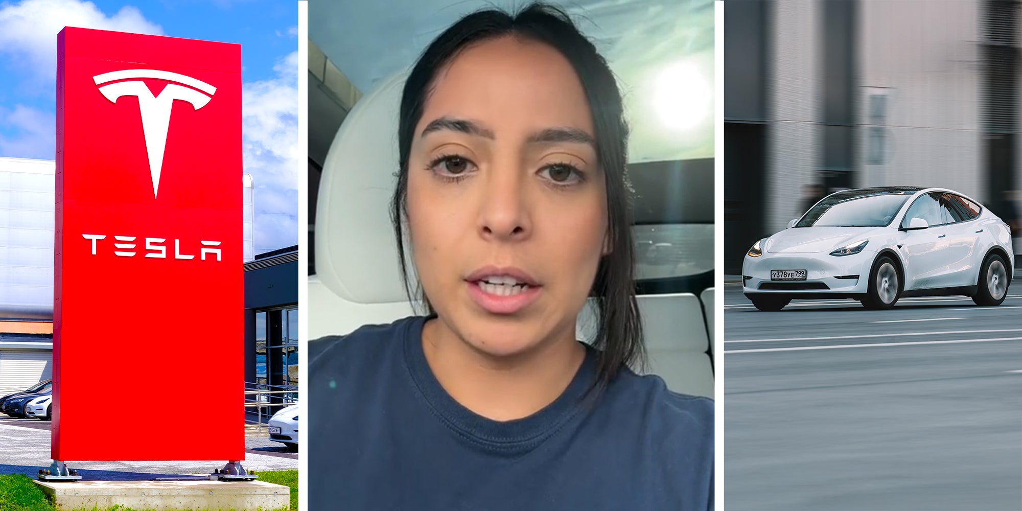 Tesla Dealer Sign(l) Woman explaining her Tesla Purchase(c) Tesla Vehicle(r)