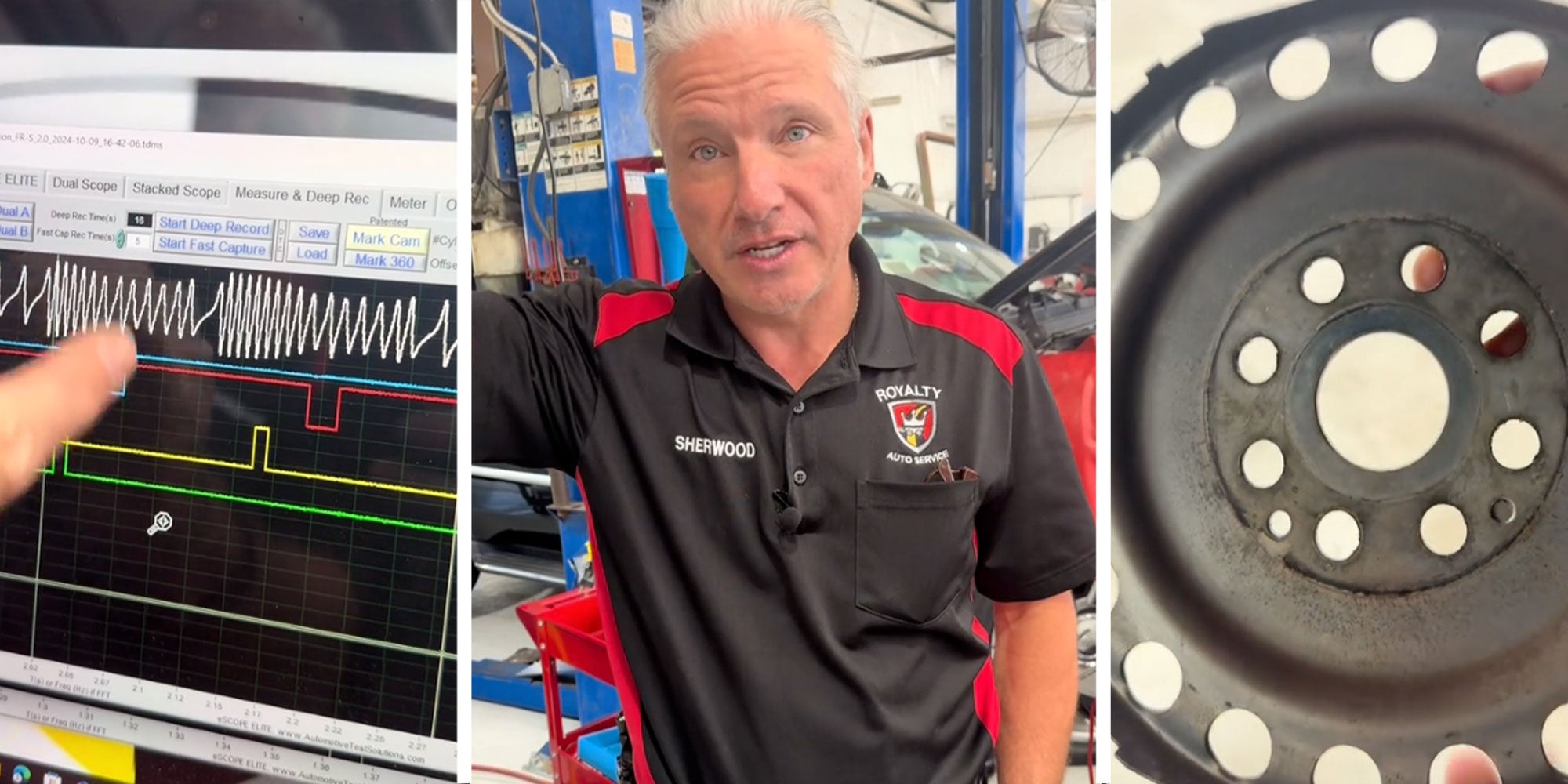 Three panel image with the first panel showing a screen with a graph and lines, the 2nd image features the man from the TikTok who is the expert Toyota mechanic, he has silver hair fox wearing his black working shirt. The final panel is a close up of a car part in circle form.
