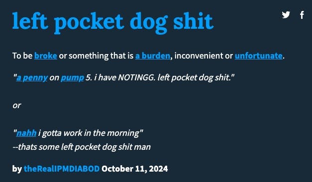 Urband Dictionary definition of left pocket dog shit