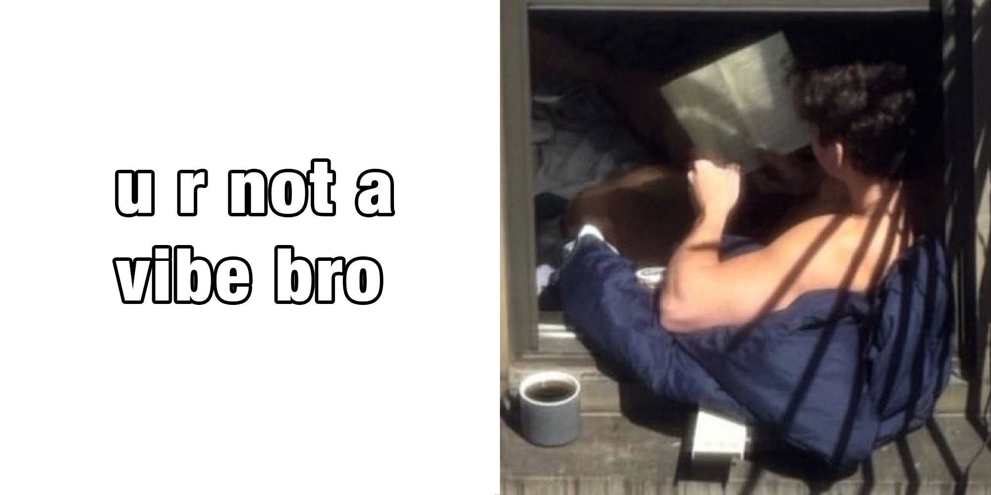Double panel art with type reading 'u r not a vibe bro' on left side, next to an image of a man sitting in his window of an apartment building, reading a book, soaking in the sun and looking very cozy.