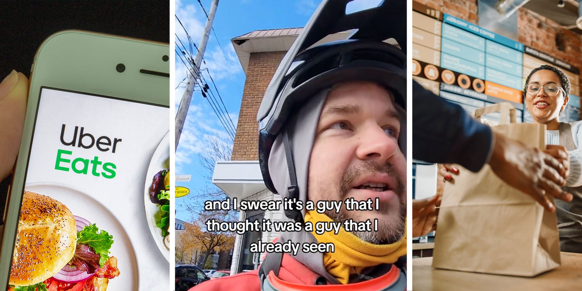 3 panel design with panel one showing a close up of a phone with the app for Uber eats on it, the middle panel shows the man from TikTok video, he has a helmet on and has the text 'And I swear its a guy I thought Iit was a guy that I already seen' overlaid on top. The last panel shows a restaurant cashier handing a takeout to a person.