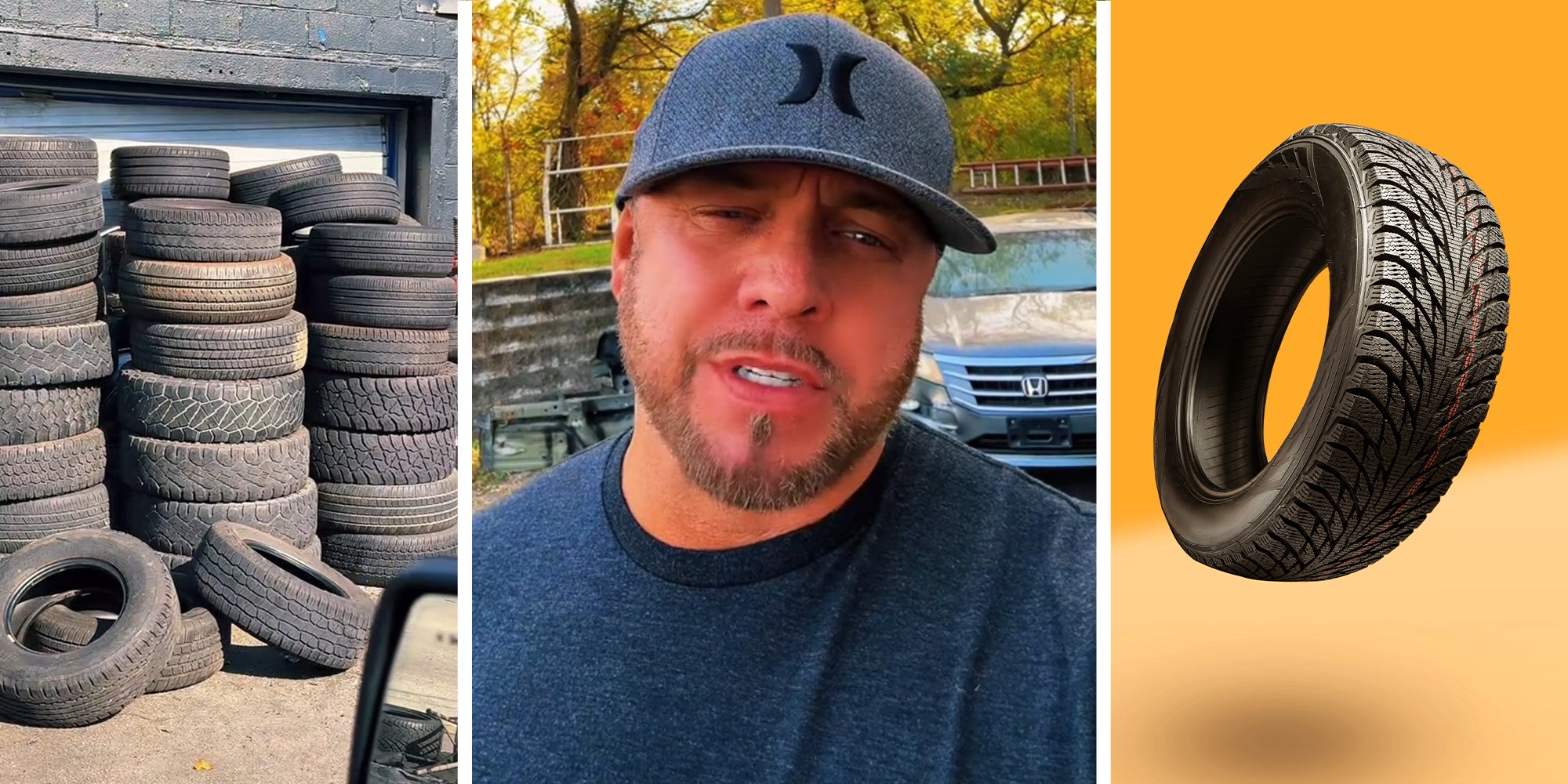 Used tires(l) Man sharing story on tiktok(c) New tire(r)