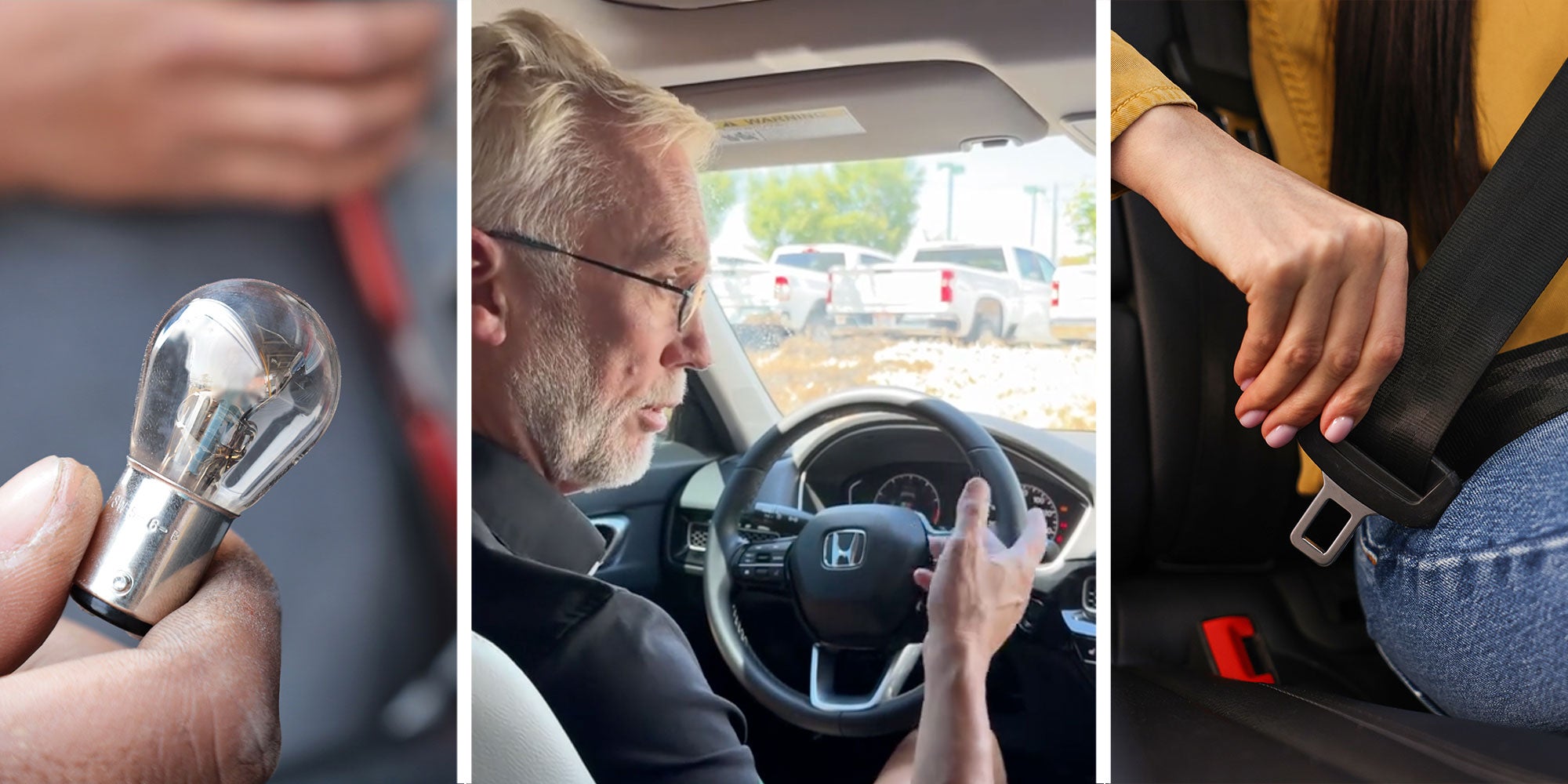 three panel design with one showing a man holding a tiny bulb for a car, the middle panel is a man from inside of his car, he seem to be mid speaking. The final panel is showing someone clicking in a seatbelt