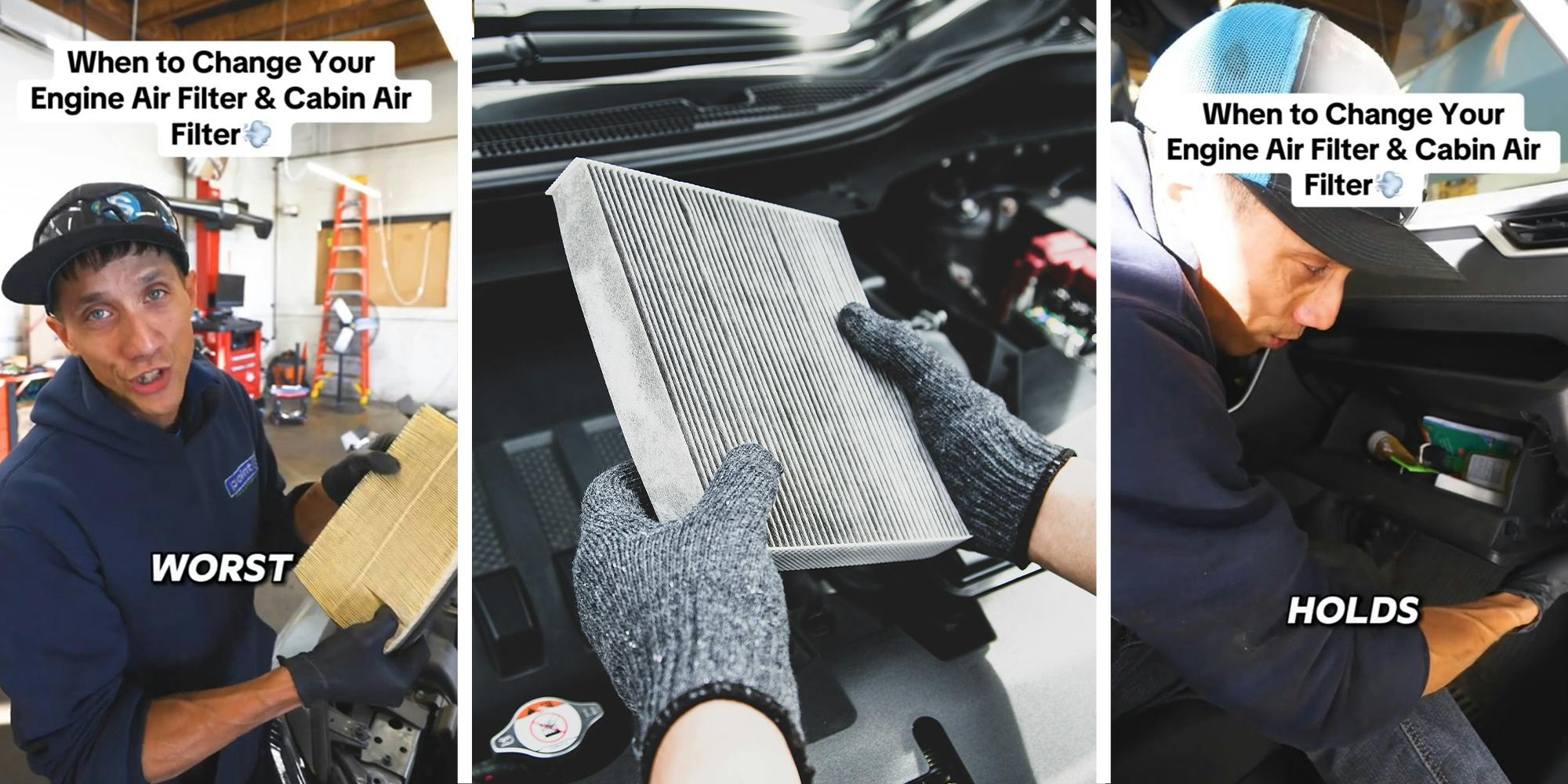 Mechanic Holding Cabin Filter(l) Cabin Filter(c) Man opening glove compartment(r)