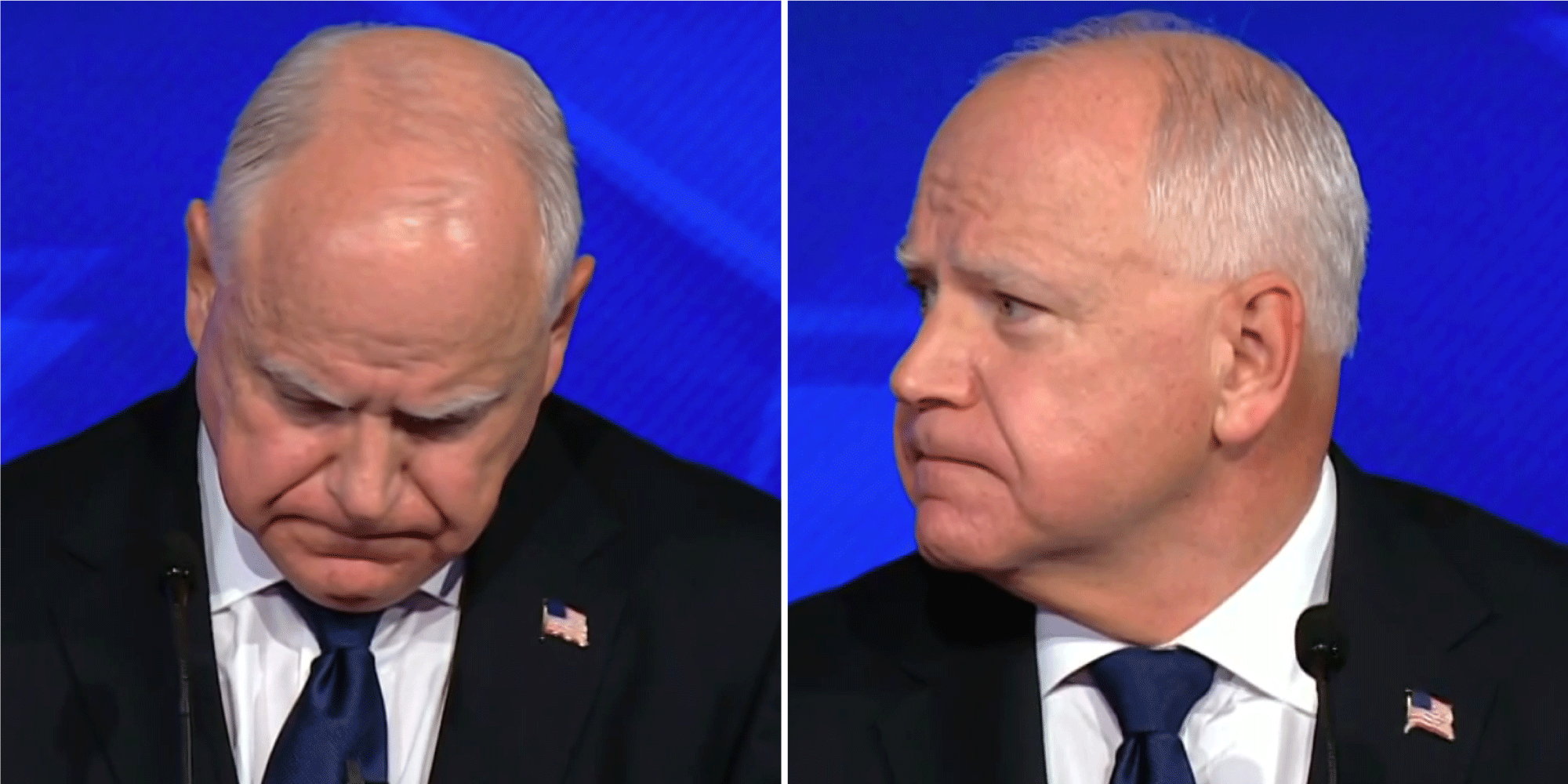 Two images of vice presidential candidates Tim Walz biting his lower lip.