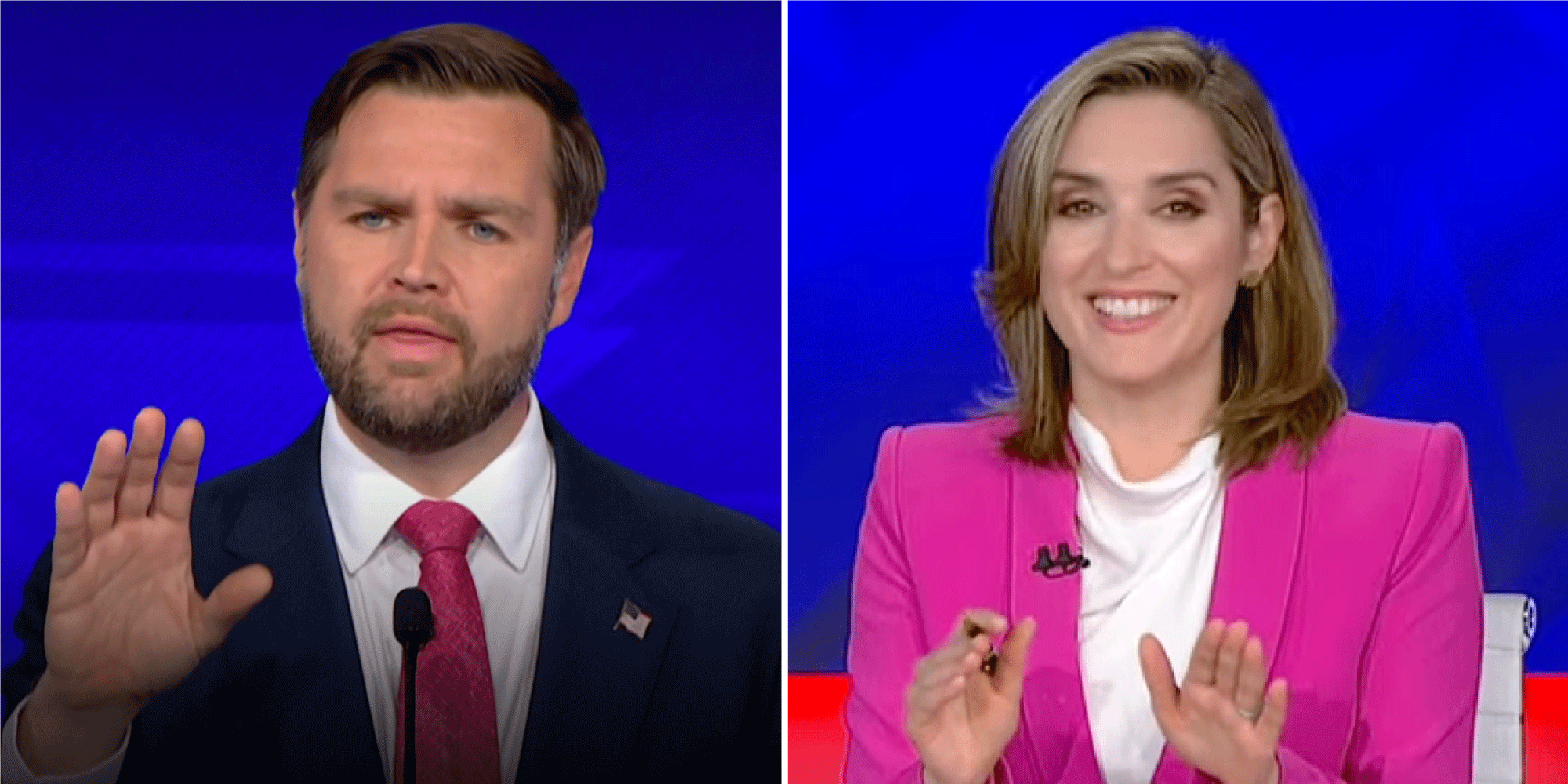 A split screen of JD Vance interrupting the debate moderator, Margaret Brennan.