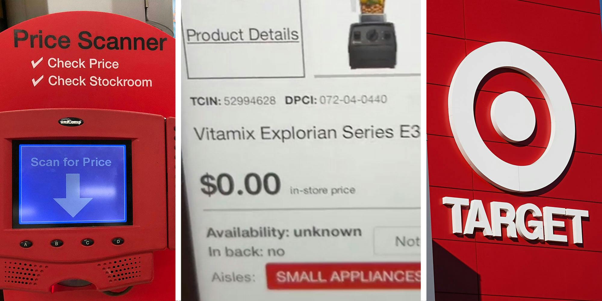 Three panel image with panel one showing a price scanner, panel two is a screen capture of the self checkout location where the screen is indicating $0.00, and the final panel shows a Target sign taken from outside of the building.