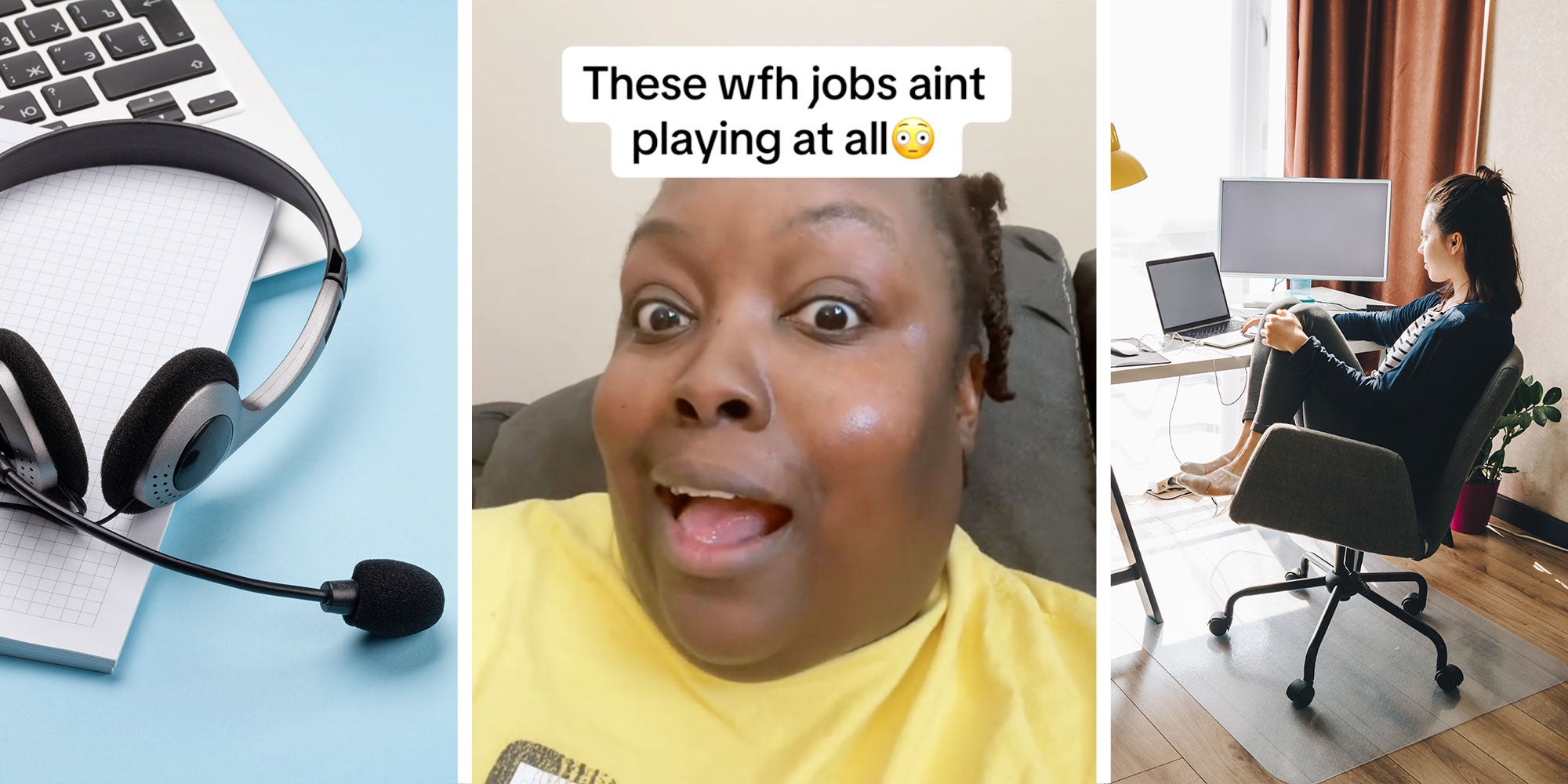 3 panel design. Panel one has computer, pad of paper and headset as a pile, panel 2 featurs the woman from the TikTok in the story, panel 3 is a stock image of a woman sitting in a work from home environment.