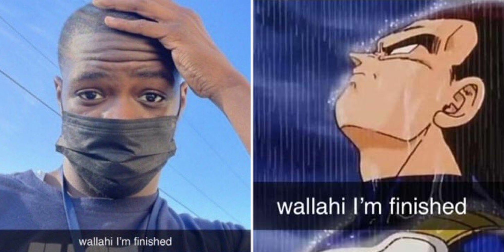 Man with hand to head(l) and Man looking up in the rain(r) both with text that says 'wallahi i'm finished'