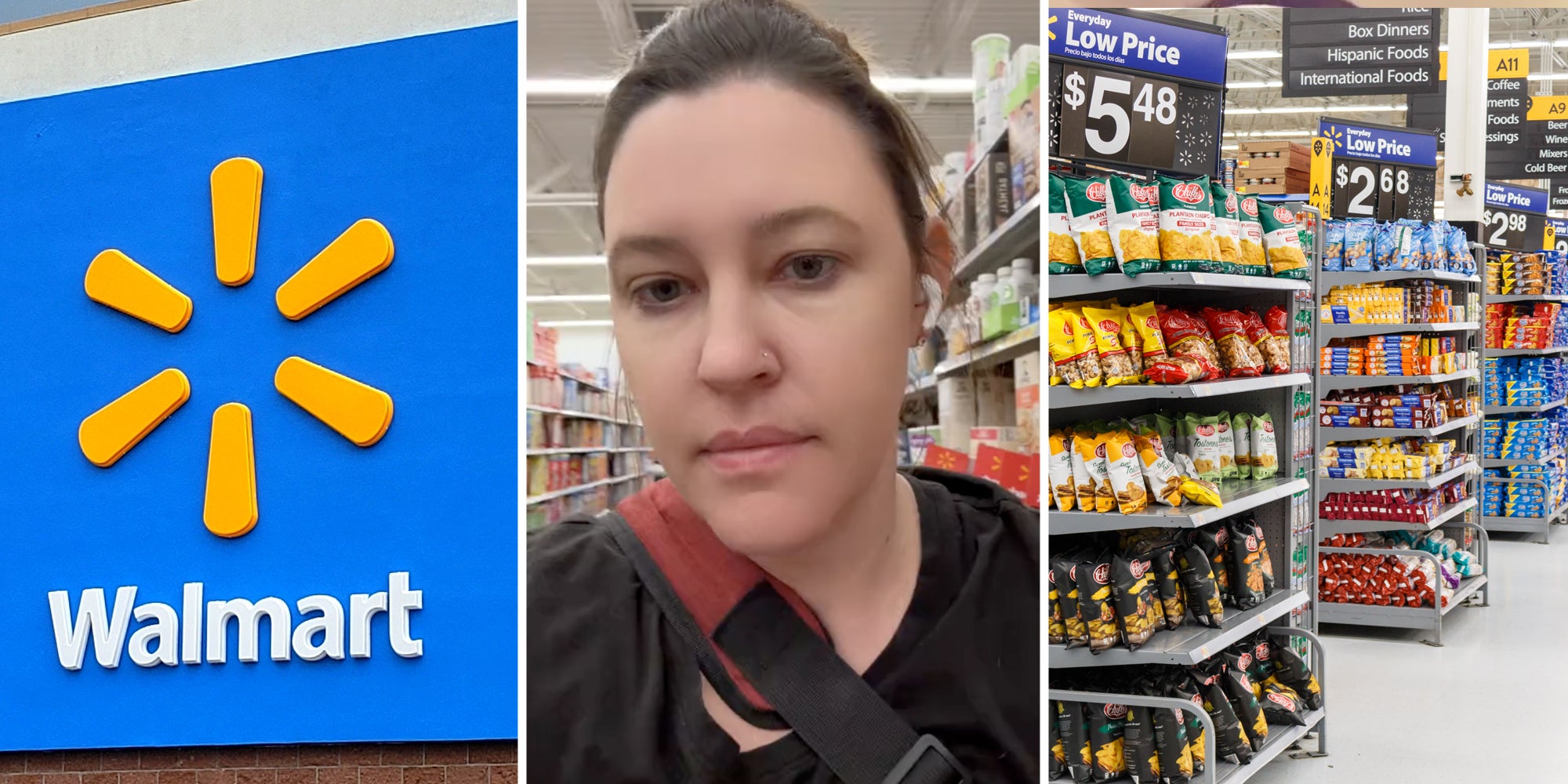 Walmart sign(l), Woman talking(c), Walmart aisles(r)