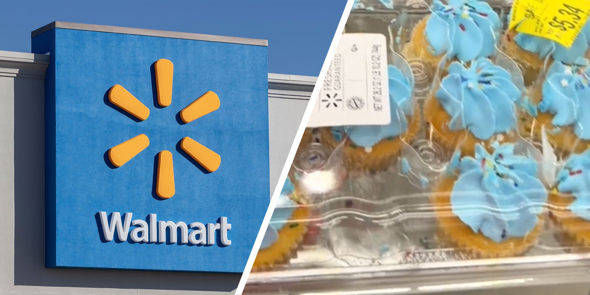 Two Panel image showing a Walmart sign from outside of the store and in panel two a close up of a cupcake container with missing cupcakes.