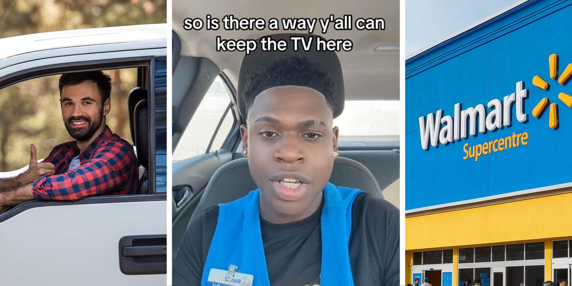 Three panel design with panel one featuring a man in a pickup truck who is giving a thumbs up, the 2nd panel features a man from the TikTok video, he in younger and is wearing a Walmart Uniform with text reading :so is there a way y'all can keep the TV here', the final panel is a photo of a Wamart store.