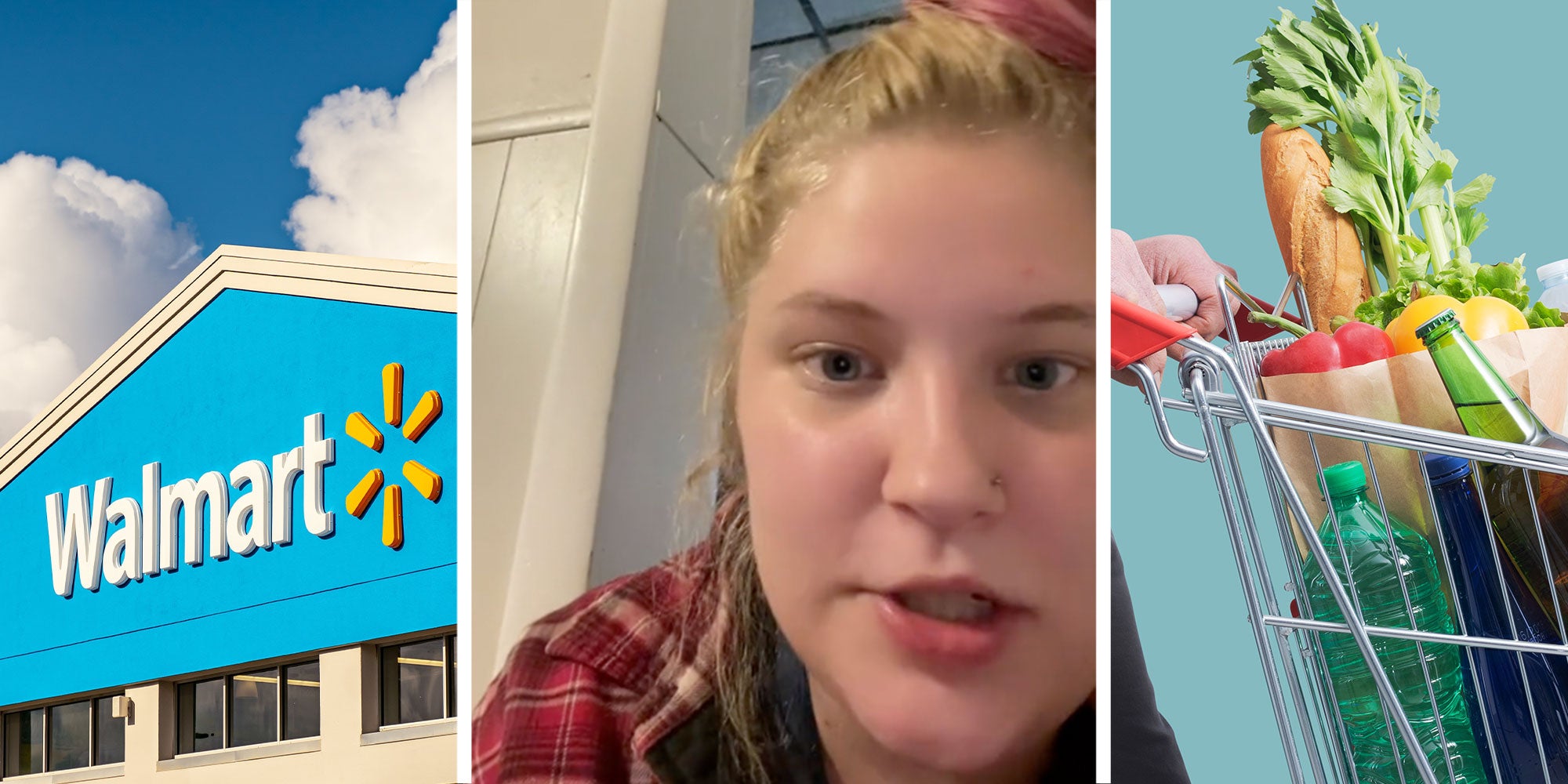 Three panel image with image on showing Walmart store from outside, second panel has woman from TikTok story, she is close to the frame talking and wearing a red shirt. The third panel is a person shopping with a full cart.