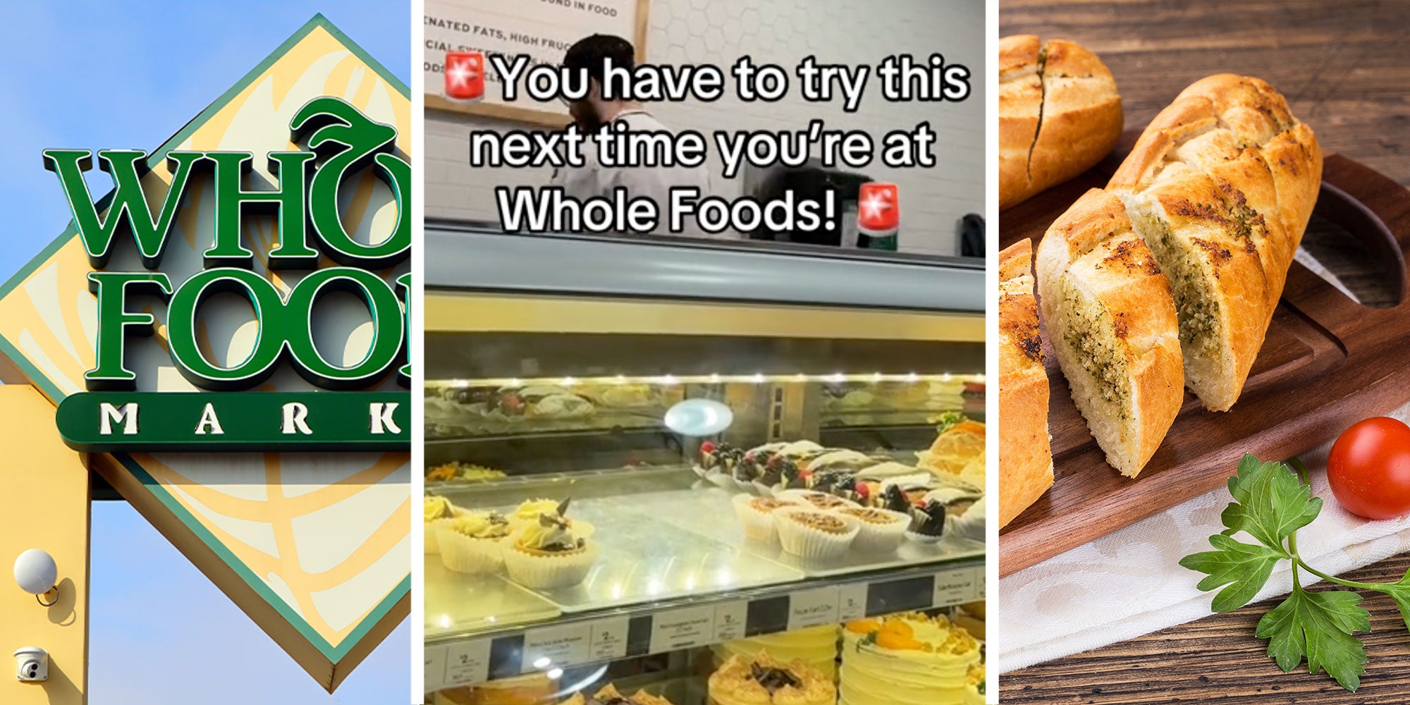 Three panel design with panel one showing a 'Whole Foods' grocery chain sign from outside. The 2nd panel is a screen capture from the TikTok showing the inside of a Whole Foods, inside of a bakery. The final panel shows a loaf of garlic bread shot overhead on a board.