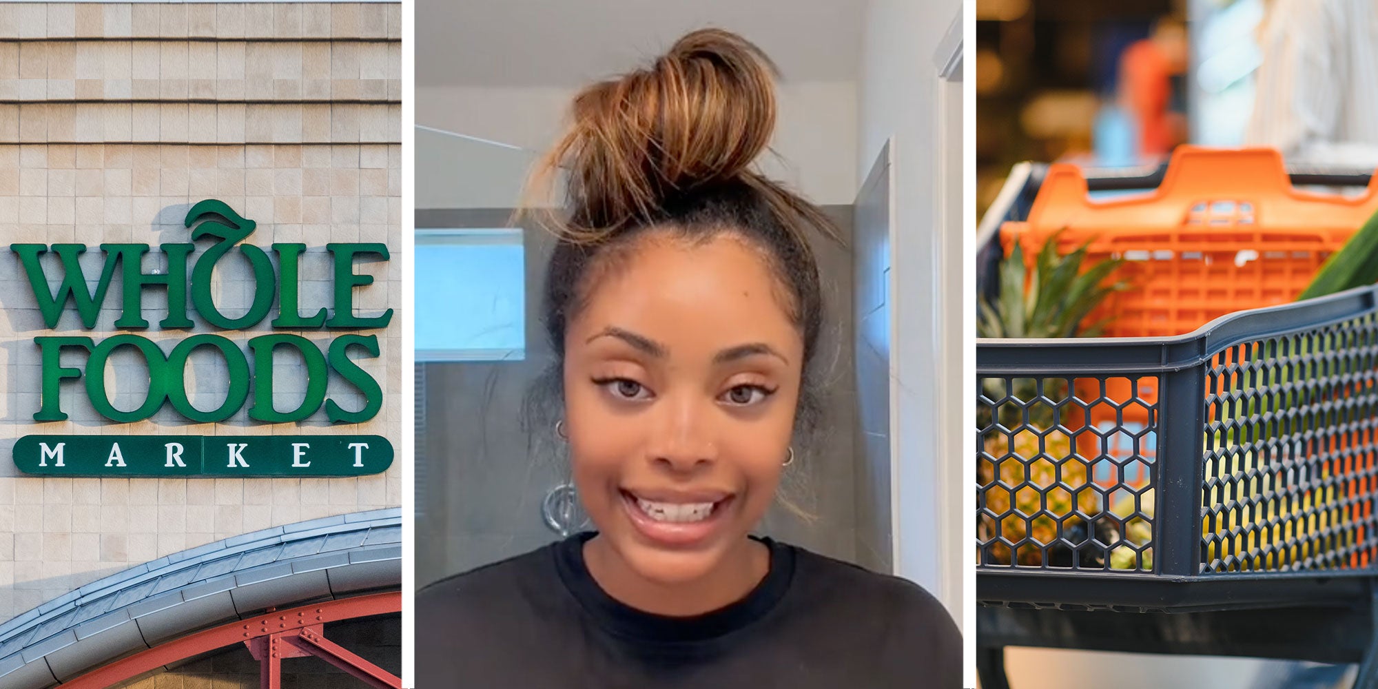 Three panel image showing Whole Foods grocery store from outside, middle panel is a screenshot from the TikTok of a woman with a high bun, she has a smile on her face but is mid speaking. The final panel shows a close up of a grocery cart.