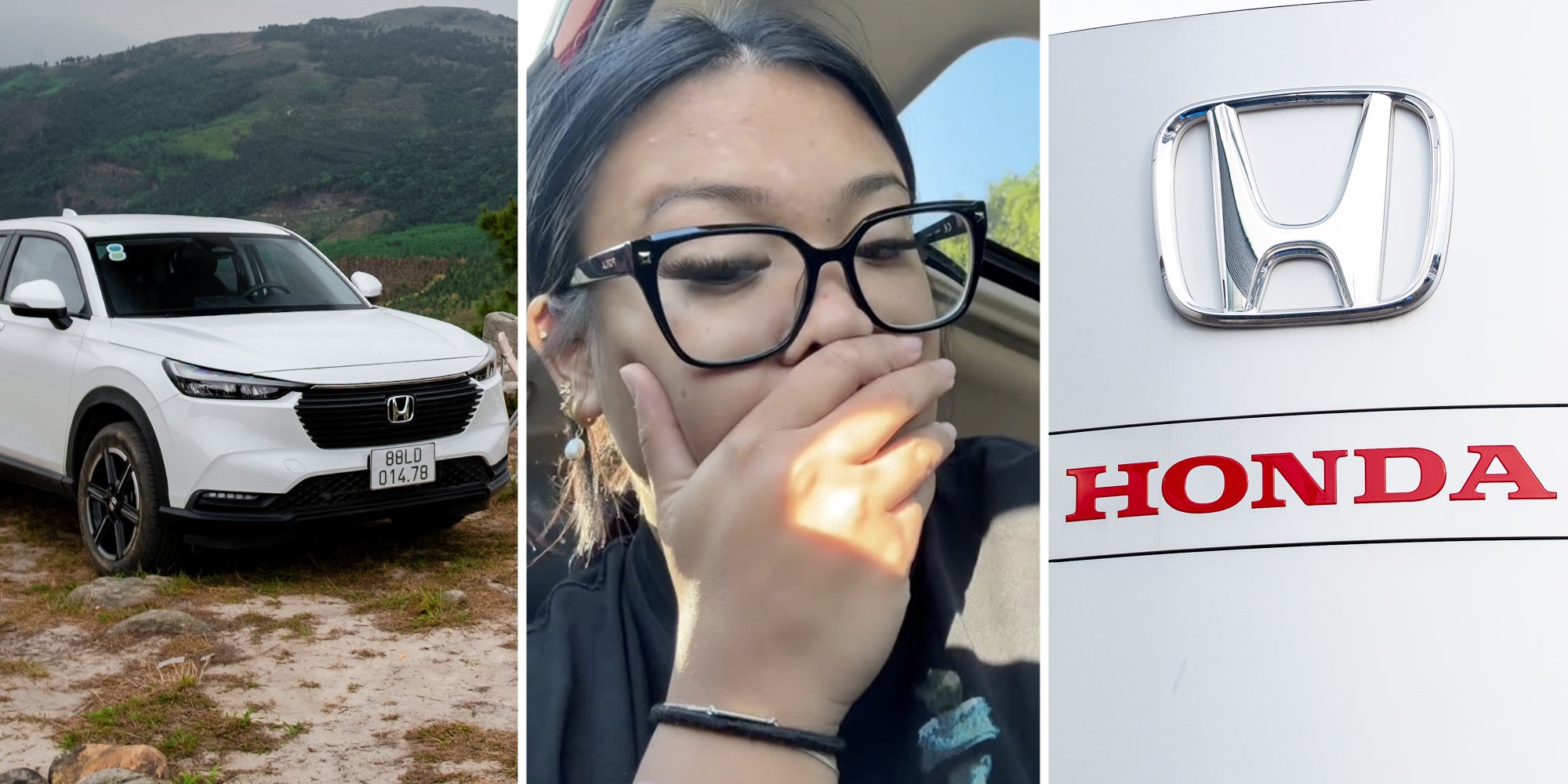 Honda HR-V(l), Woman with hand over mouth(c), Honda sign(r)
