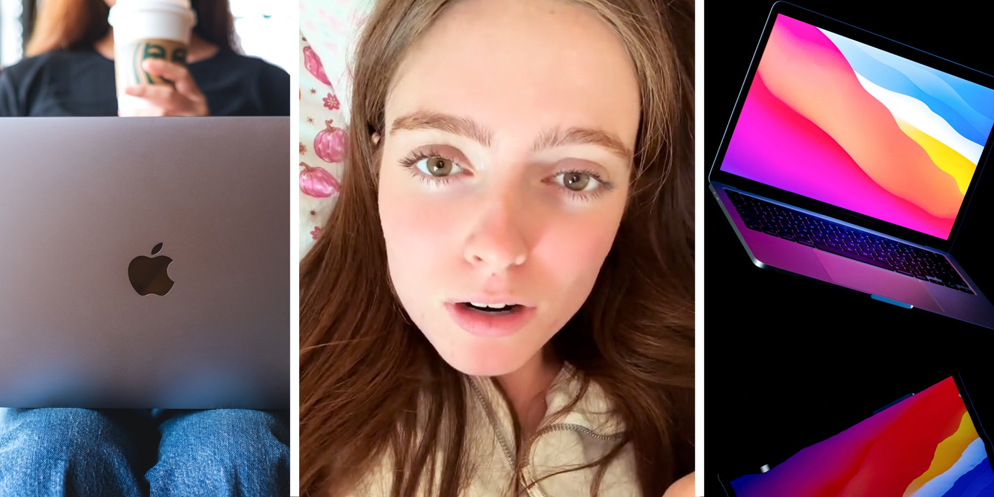 Woman with apple macbook in her lap(l), Woman talking(c), Front of macbook floating(r)