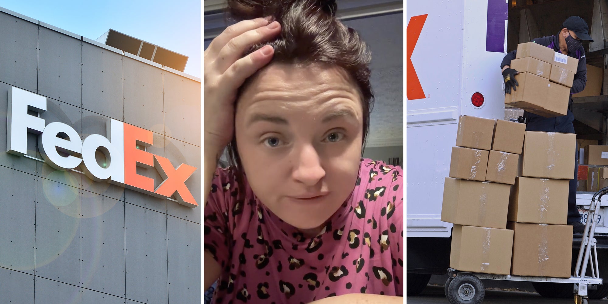 FedEx HQ(l), Woman talking(c), FedEx delivery person with boxes(r)