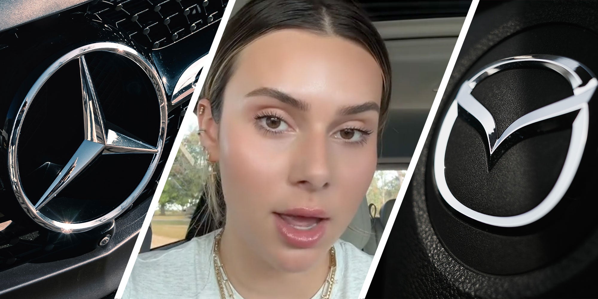 Three panel design with panel one showing a Mercedes Logo from the grill of a car, the middle panel is of a woman talking, she appears to be in her car. The last panel is of a Mazda logo from the grill of a car.