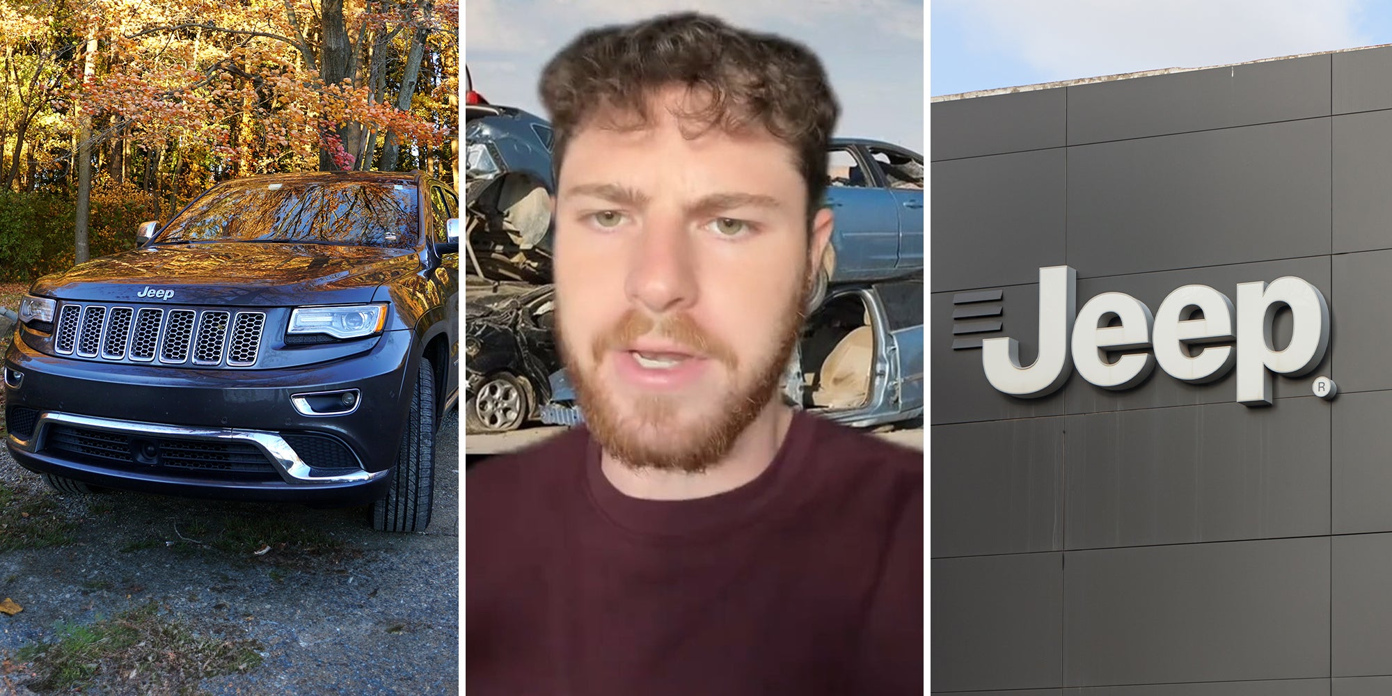 Jeep Car(l) Man with green screen background(c) Jeep Dealer sign(r)