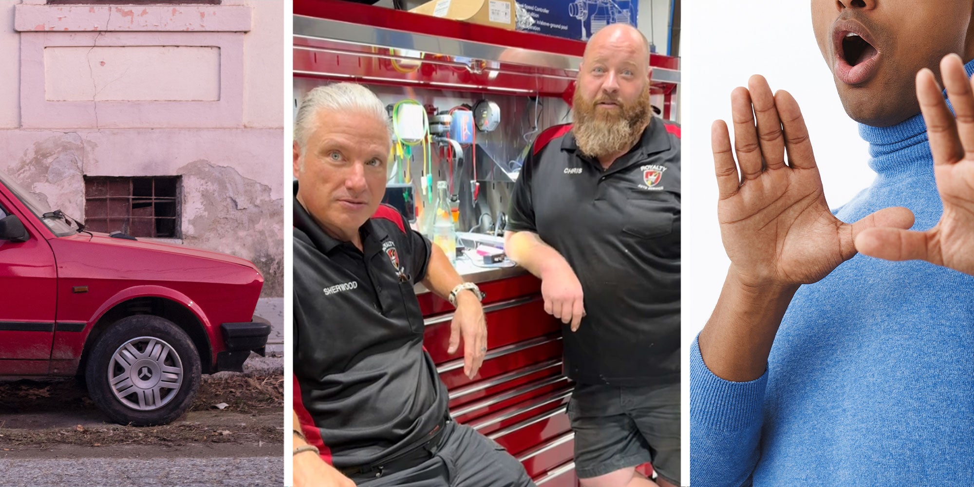 Three panel design with one showing a front end of a red car the middle panel is of two men from inside of a car repair shop, they are surrounded by tools. The last panel is of a person showing a shocked expression of, 'get that far away from me.'