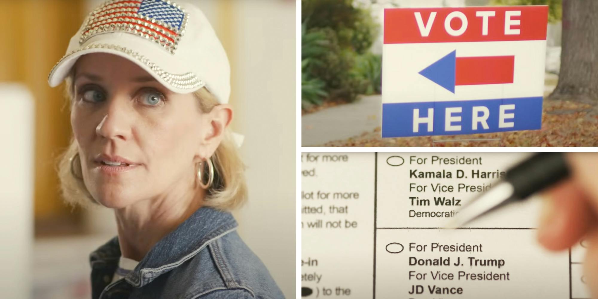 Woman with American flag hat(l), Vote here sign(top right), Pen over ballot(bottom right)