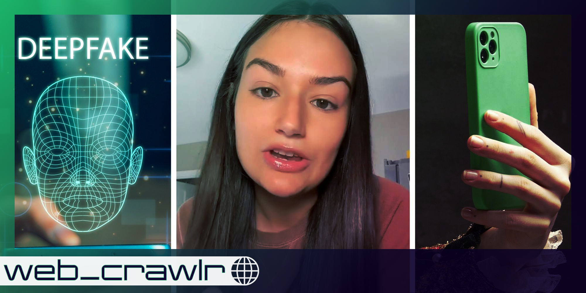 Phone projecting deepfake graphic(l), Woman talking(c), Hand holding phone(r)