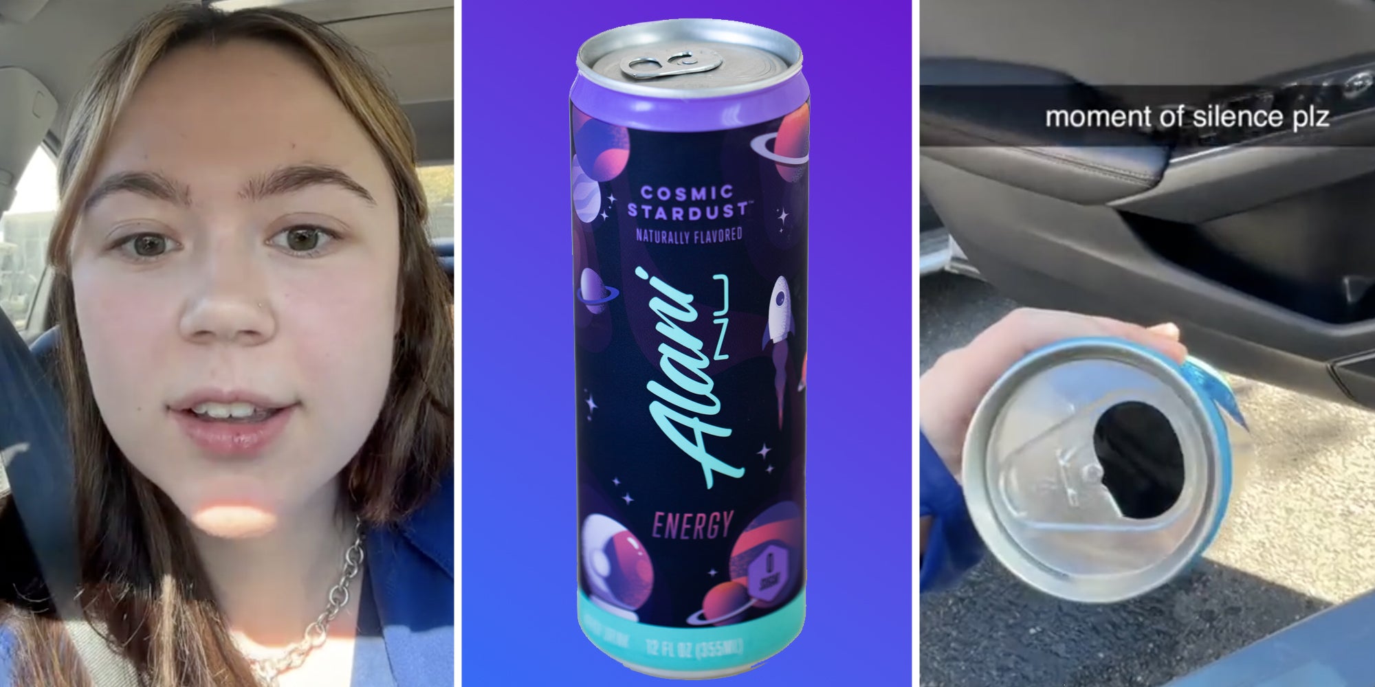 Woman talking(l), ALani nu can(c), Hand holding Alani Nu can with text that says 'moment of silence plz'(r)