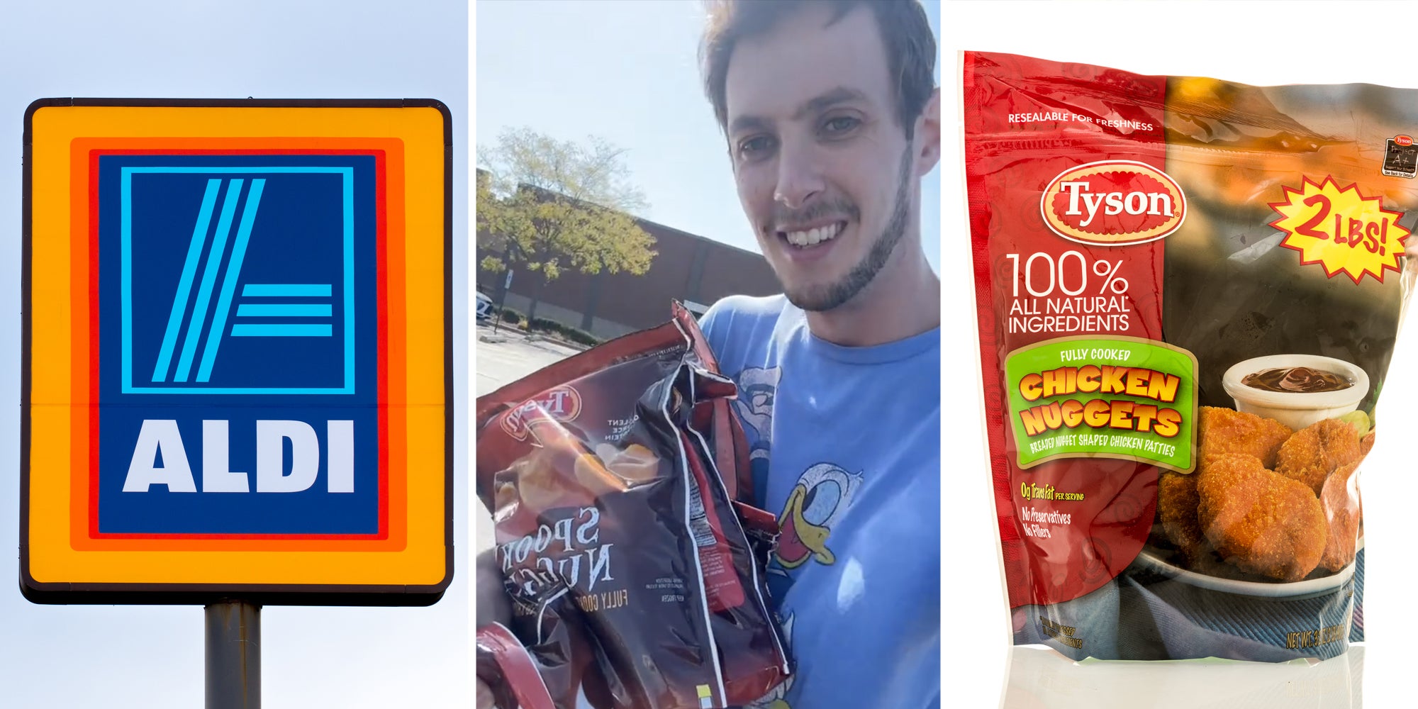 Aldi sign(l), Man with bags of frozen chicken nuggets(c), Tyson Chicken Nuggets(r)