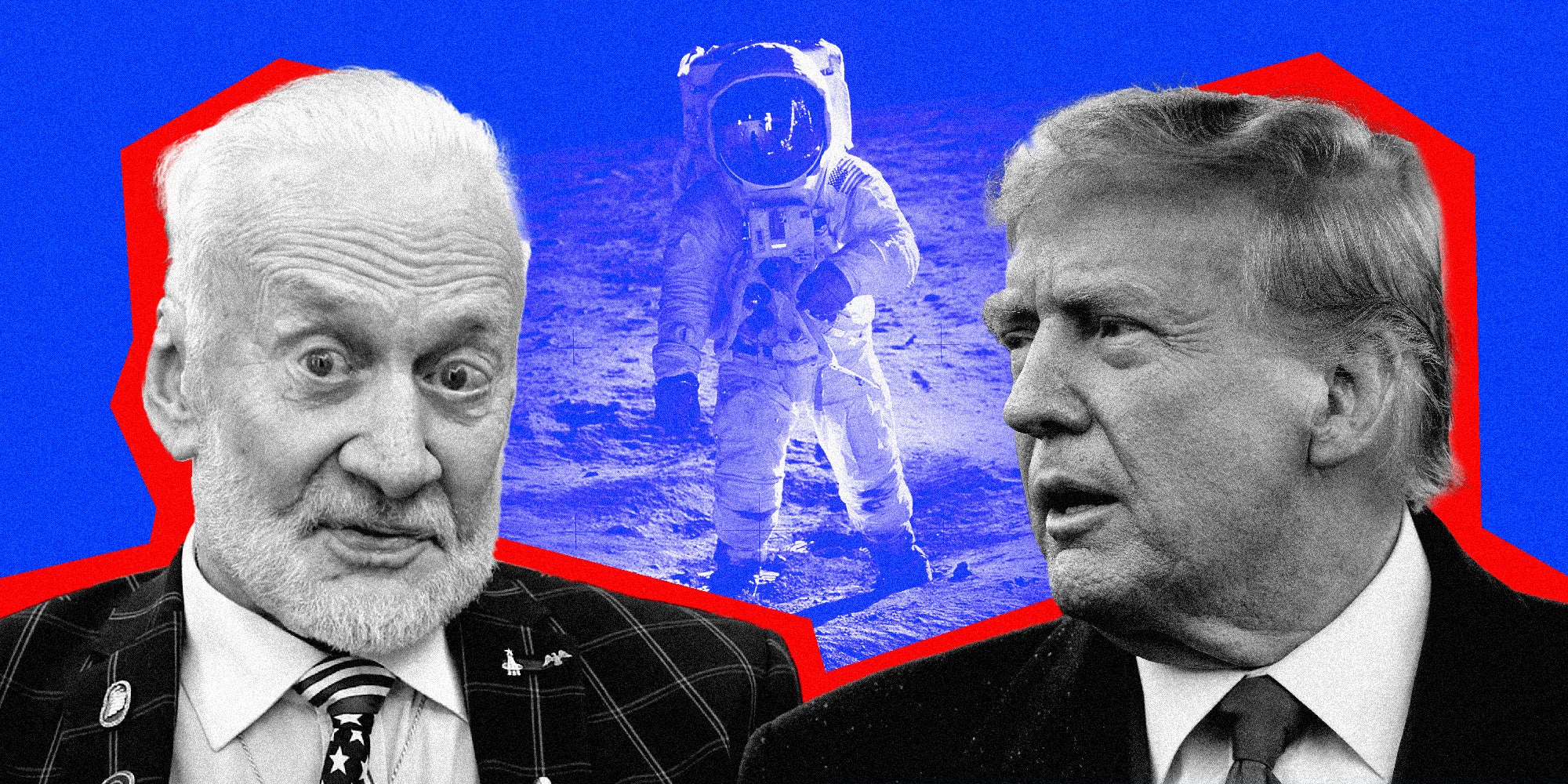 Photo collage image showing Buzz Aldrin, Donald Trump, and the historic photo of Buzz Aldrin on the moon in the background.