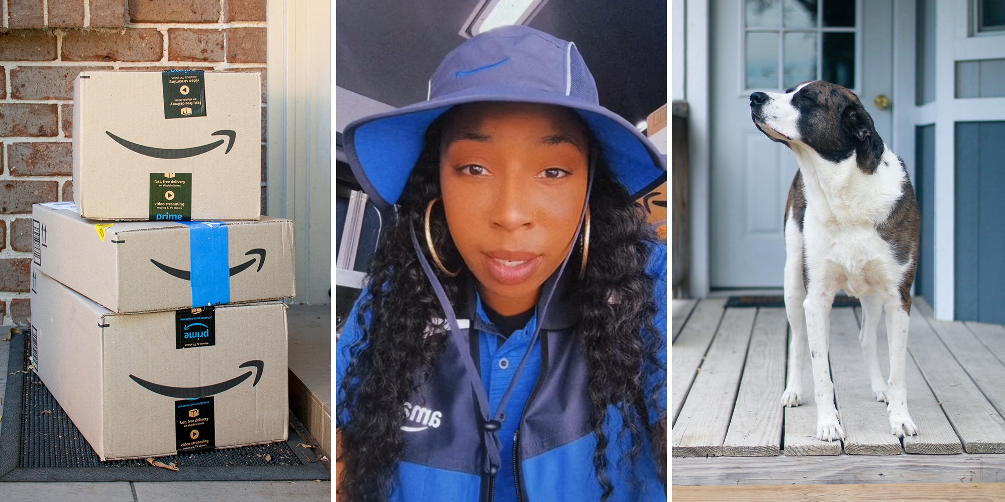 Amazon boxes on front Poarch(l) Amazon Worker(c) Dog waiting on front Poarch(r)