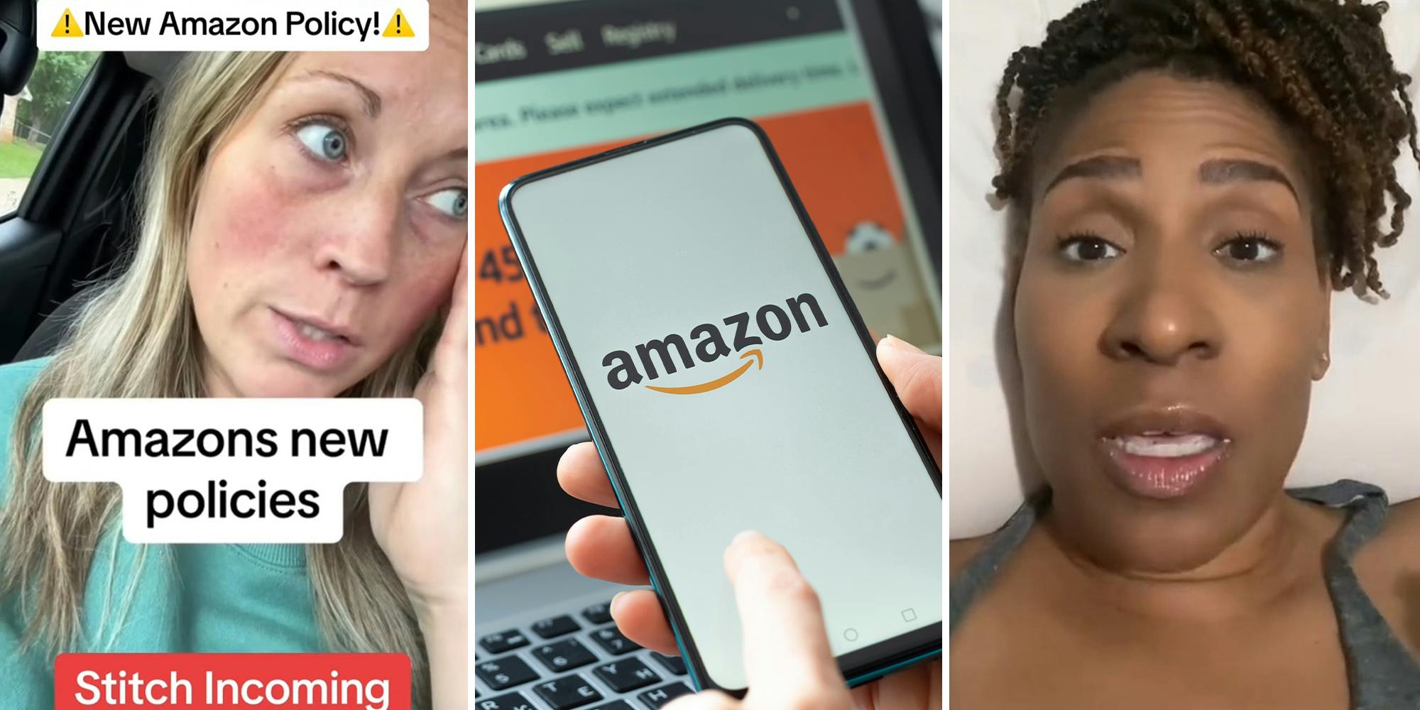 Woman looking concern(l) Amazon Logo displayed on phone(c) Woman looking shocked(r)