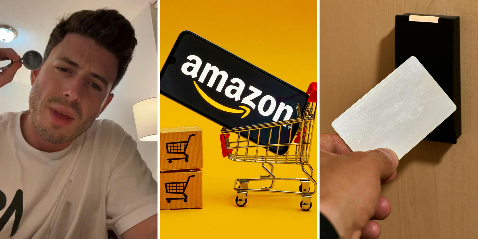 Man holding up key fob(l) Amazon logo on the smartphone screen in toy market cart on yellow background (c) ; Hand approaching a card to an rfid reader to open a security door(r)