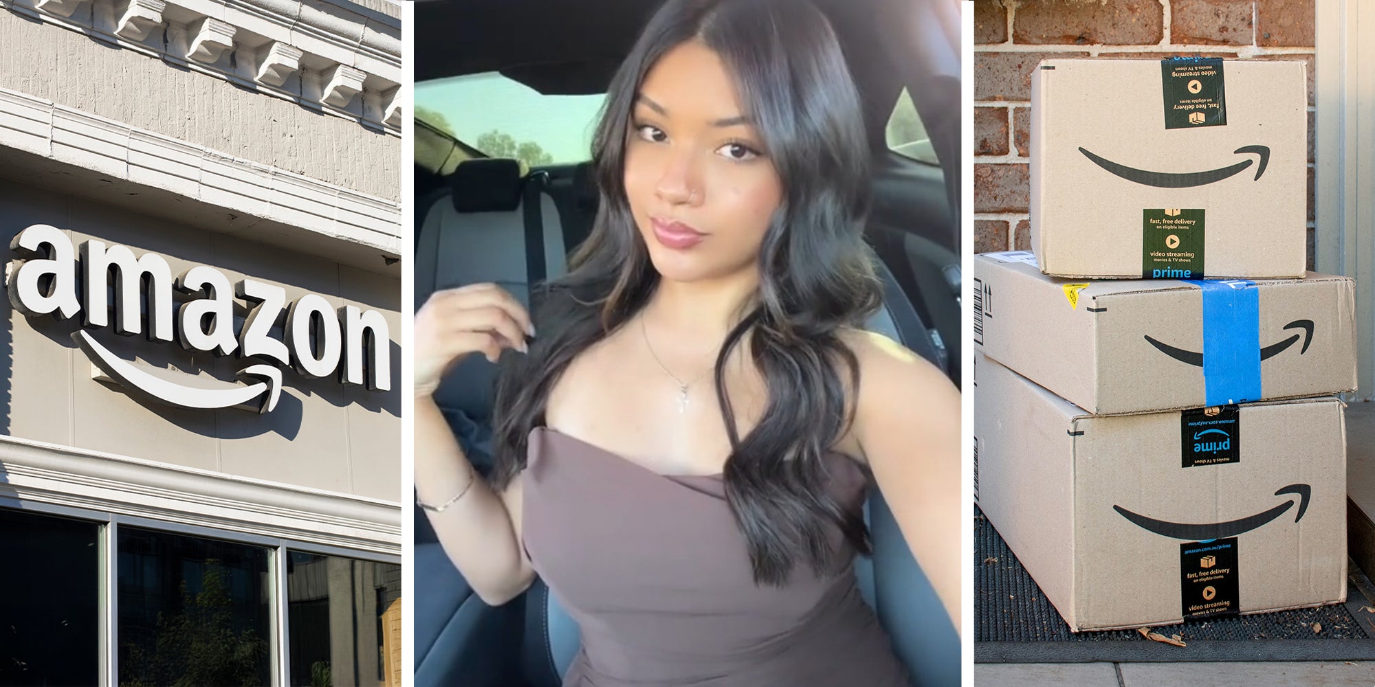 Amazon logo on building(c) Amazon worker sharing story on TikTok Platform(c) Amazon Boxes (r)