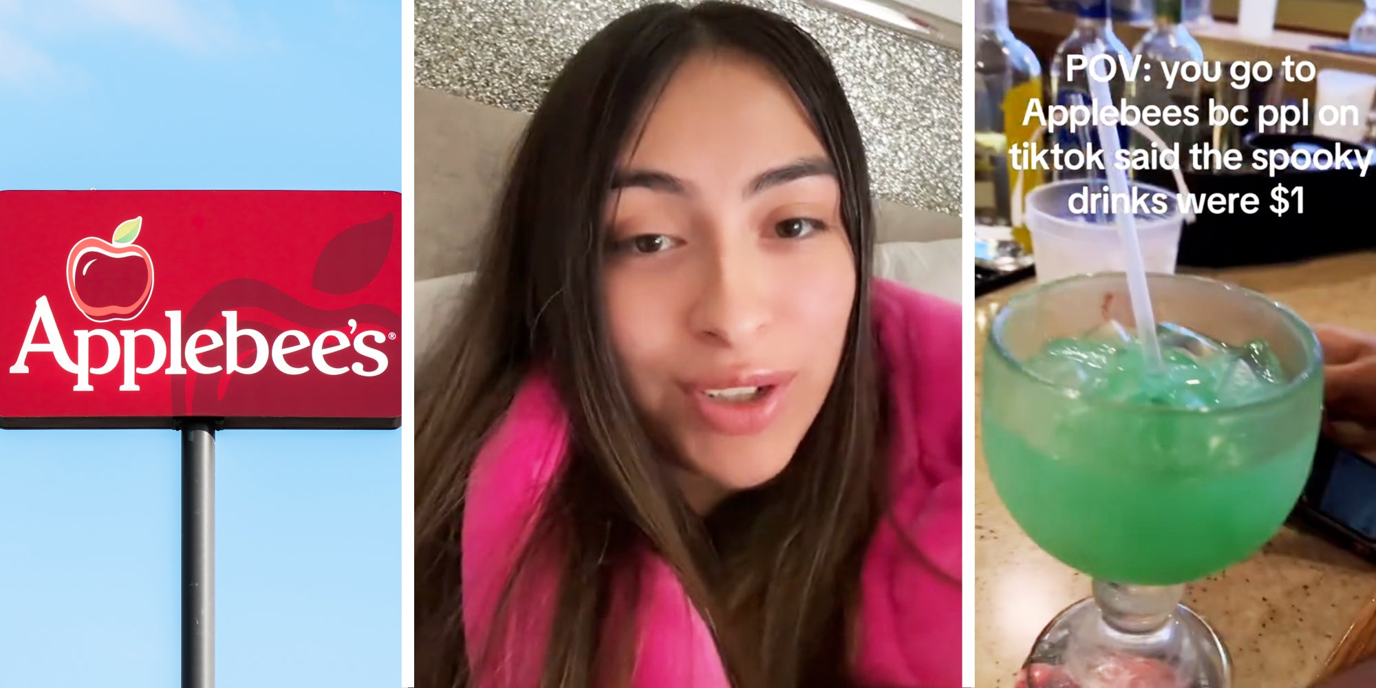 Applebee's sign(l), Woman talking(c), Applebee's drink with text that says 'POV: you go to Applebee's bc ppl on tiktok said the spooky drinks were $1'(r)