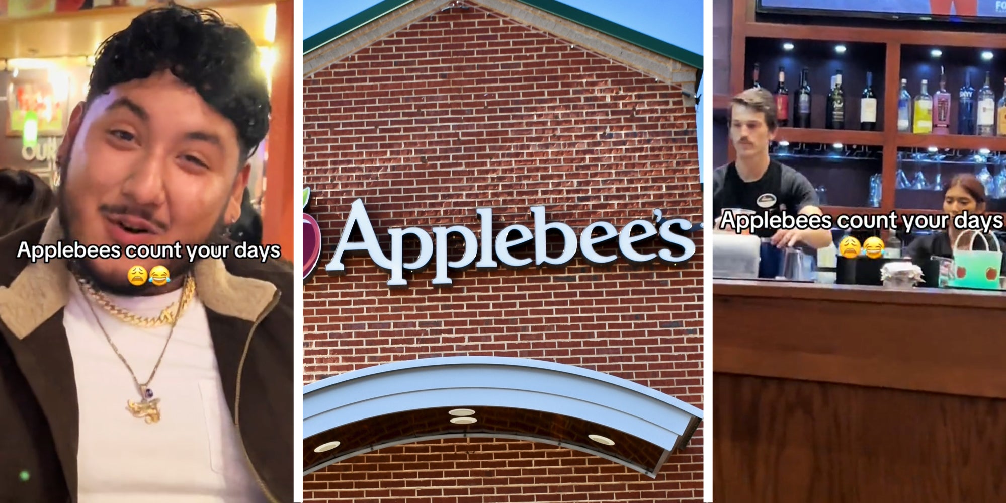 Man talking with text that says 'Applebee's count your days'(L), Applebee's(c), Applebee's staff at bar(r)