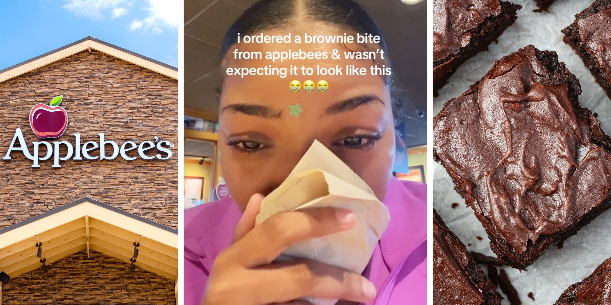 Applebee's(l), Woman with napkin over mouth and text that says 'i ordered a brownie bite from applebees & wasn't expecting it to look like this'(c), Brownies(r)